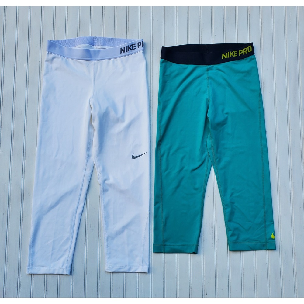 Nike Pro Dri-FIT Capri Leggings Lot of 2 White Teal Compression Pants Womens M